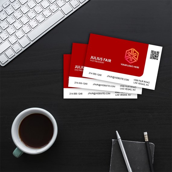 business cards with red background and white text, logo placeholder