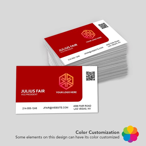 business cards with red background and white text, logo placeholder, QR code