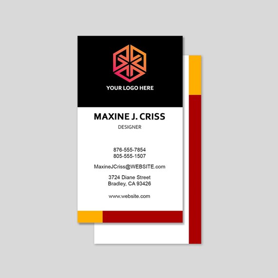 business card with logo placeholder, contact information, and color accents