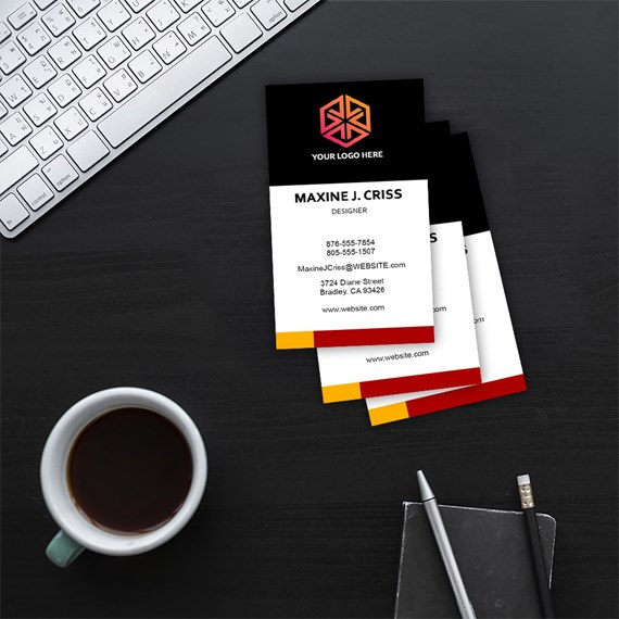 business cards with logo placeholder, contact information, and color accents