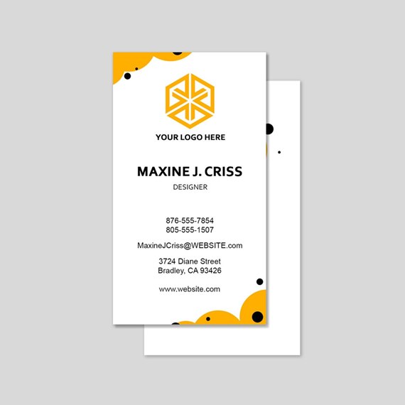 business card design with geometric logo and contact information