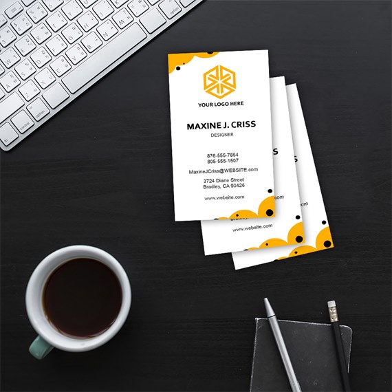 business cards with yellow and black design, photo placeholder