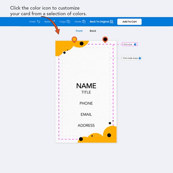 business card design with customizable text area, yellow and black accents