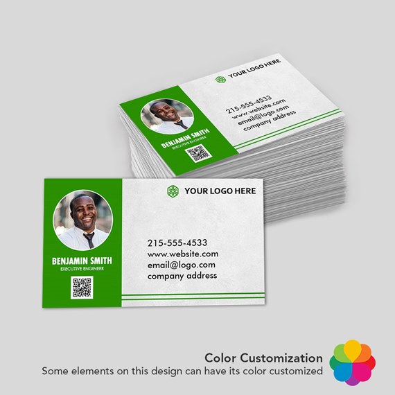 business card design with photo placeholder, green accents, customizable text area