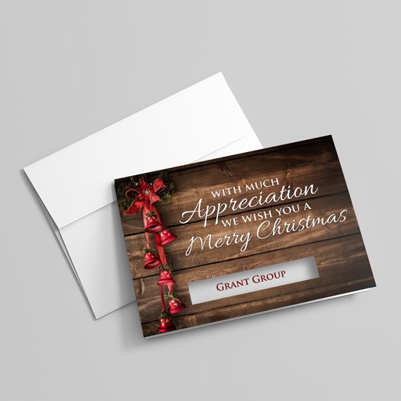 holiday card with photo placeholder and bell decorations