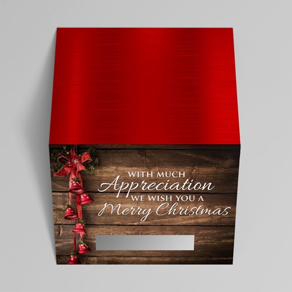 decorative box with red top and wood design, photo placeholder