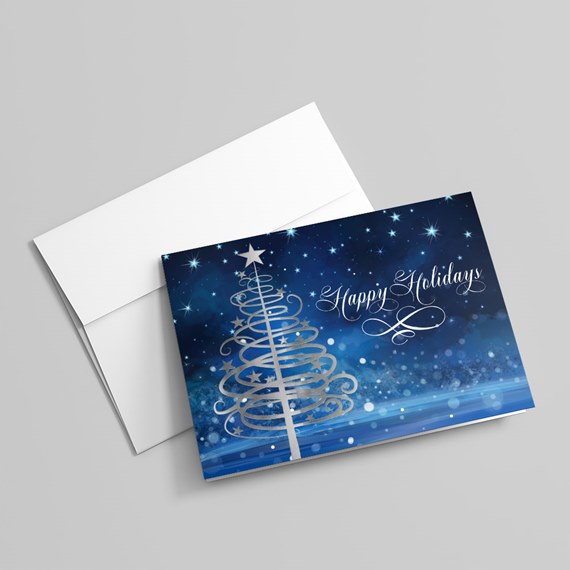 Holiday greeting card with stylized tree and 