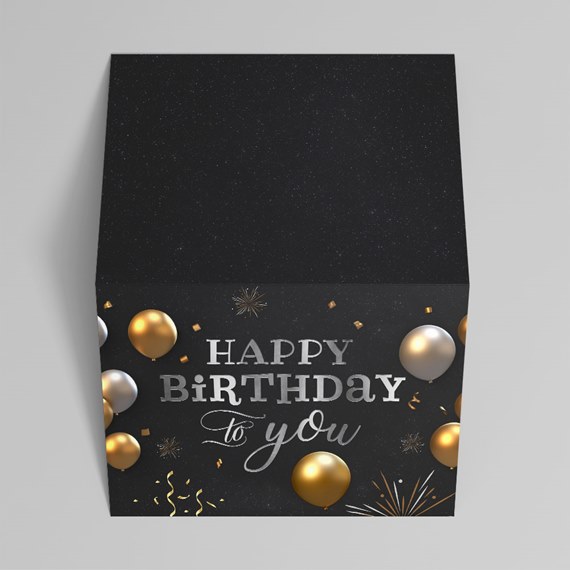 black birthday box with balloons and text