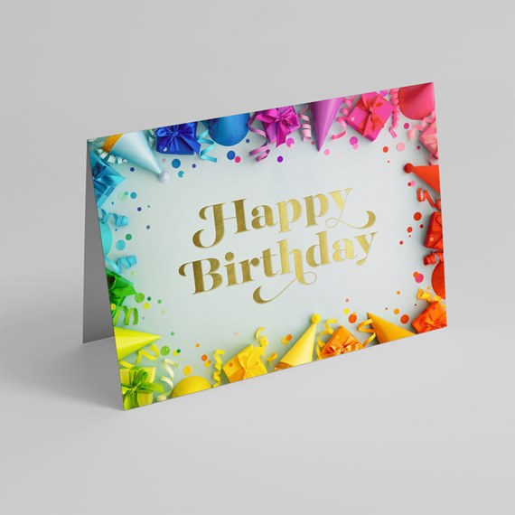 colorful birthday card with gold text and decorative elements