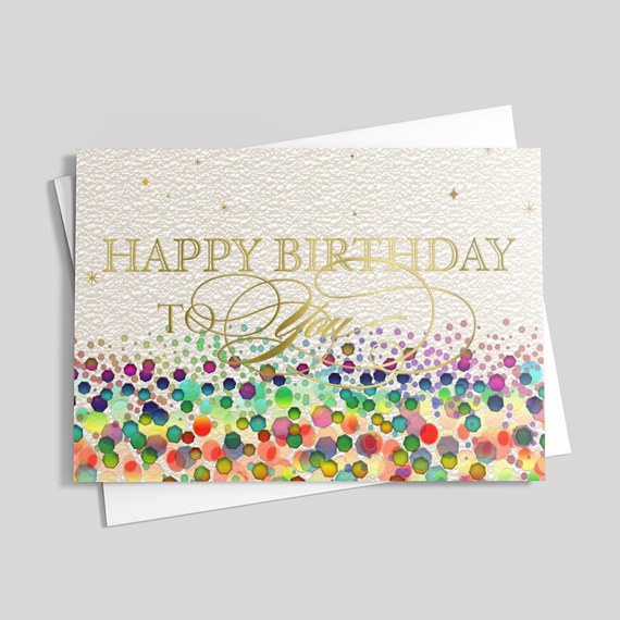birthday card with colorful dot design and gold text