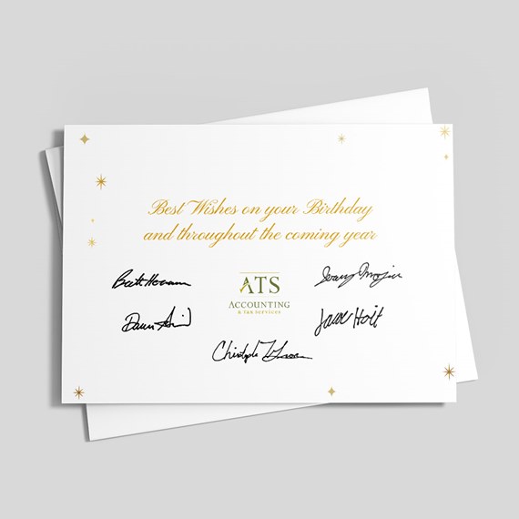 greeting card with gold text and signatures