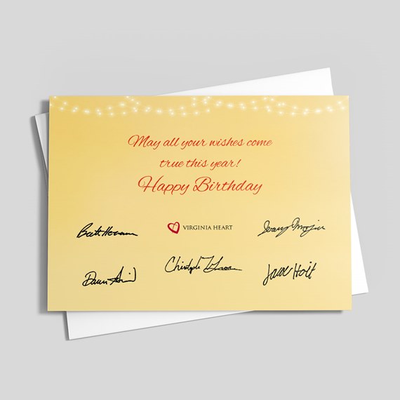 birthday card with twinkling lights and signatures