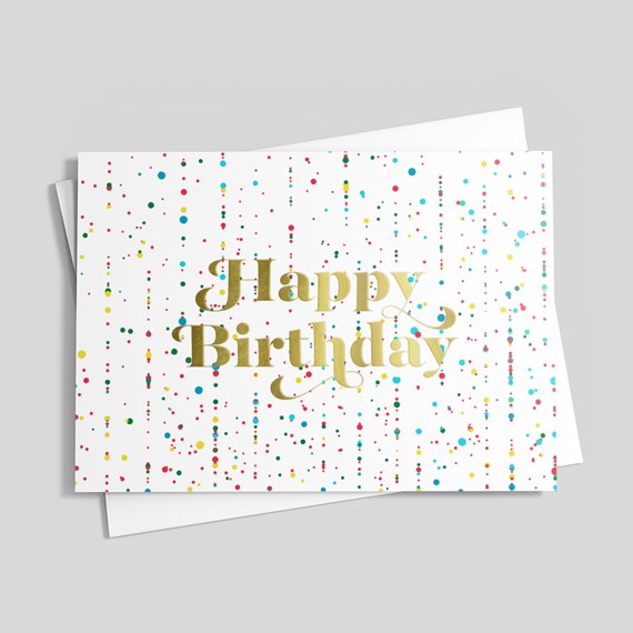 birthday card with colorful dot pattern and gold foil text