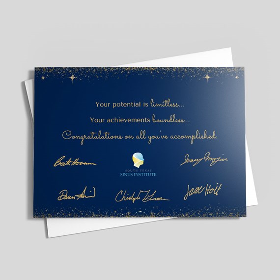 navy card with gold foil text and signatures, starry border, logo placeholder