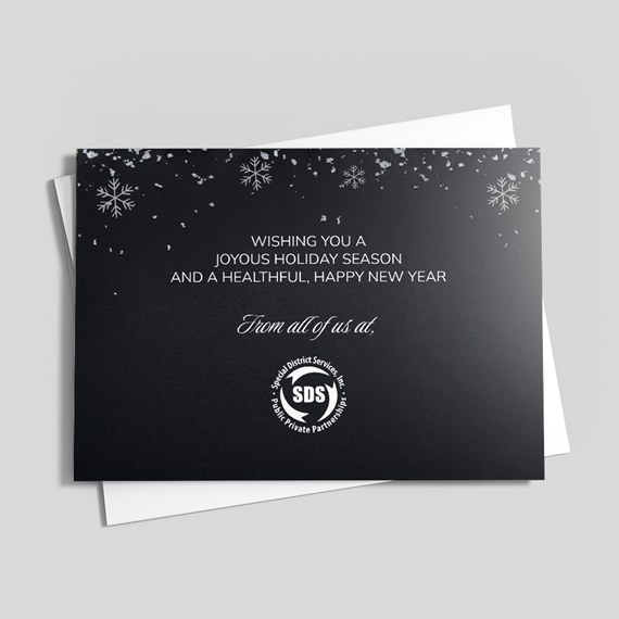 black holiday card with snowflakes and logo placeholder