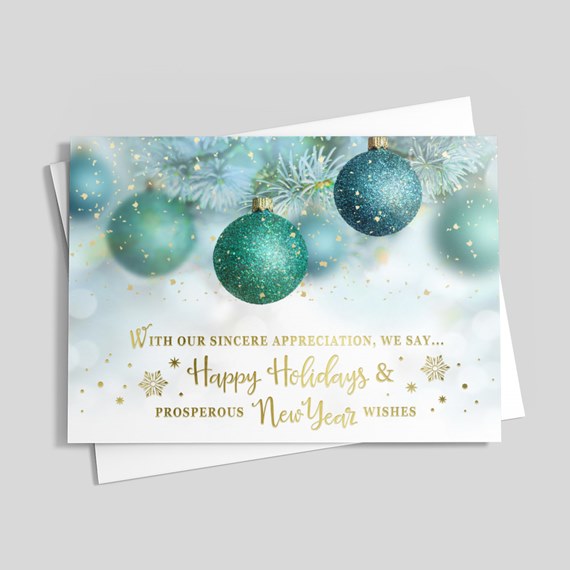 holiday card with ornaments and text