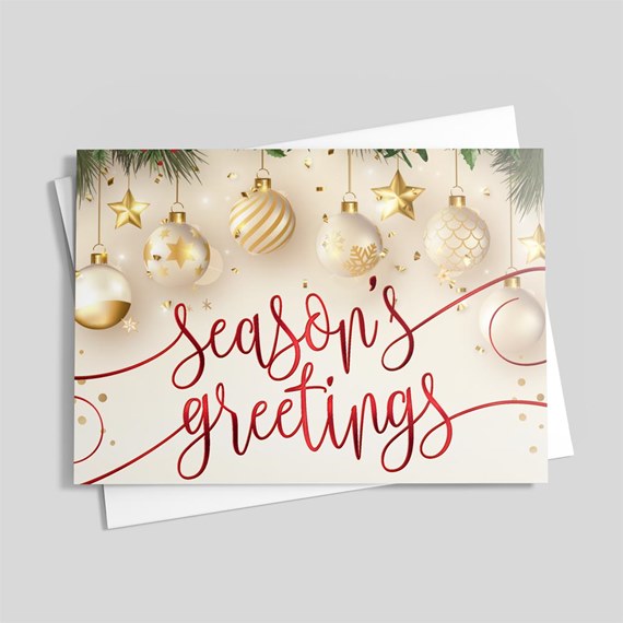 holiday card with ornaments and greeting text