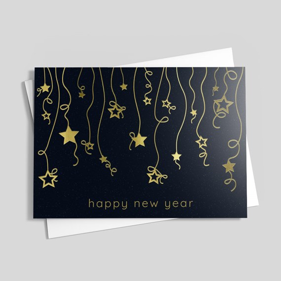 new year greeting card with gold foil stars and text