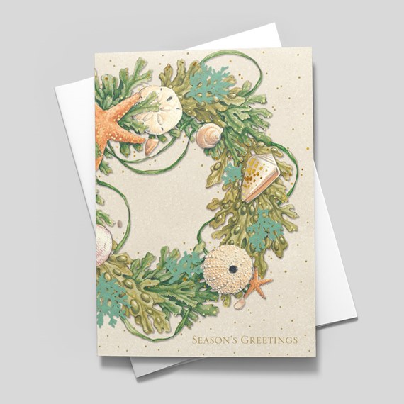 greeting card with seashell wreath design and customizable text area