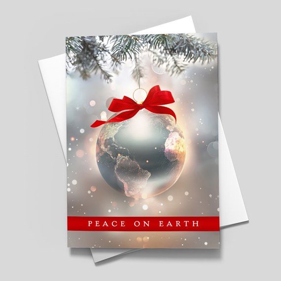 globe ornament with red ribbon, text area