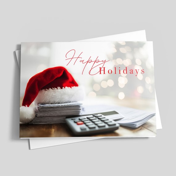 holiday card with Santa hat and calculator, photo placeholder