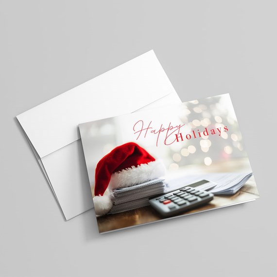 holiday card with Santa hat and calculator, customizable text area