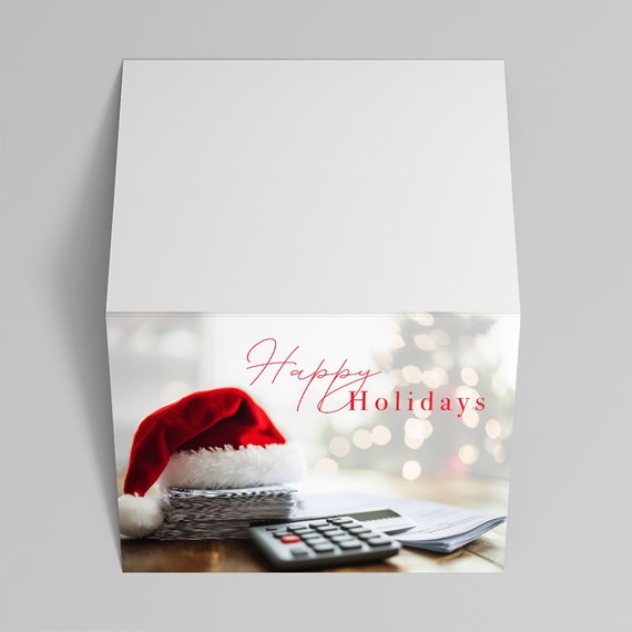 holiday card with santa hat and calculator, photo area
