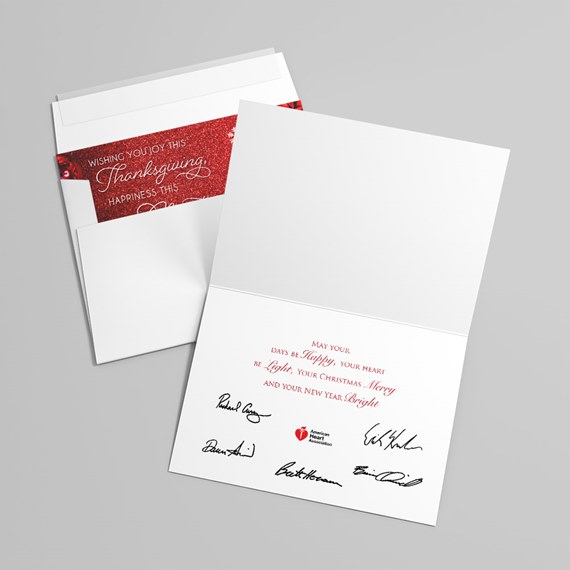 greeting card with red glitter background and printed message