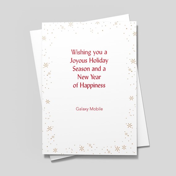 greeting card with red text and gold star motifs