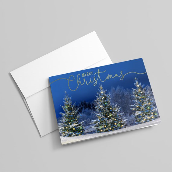 Christmas card with evergreen trees and gold text