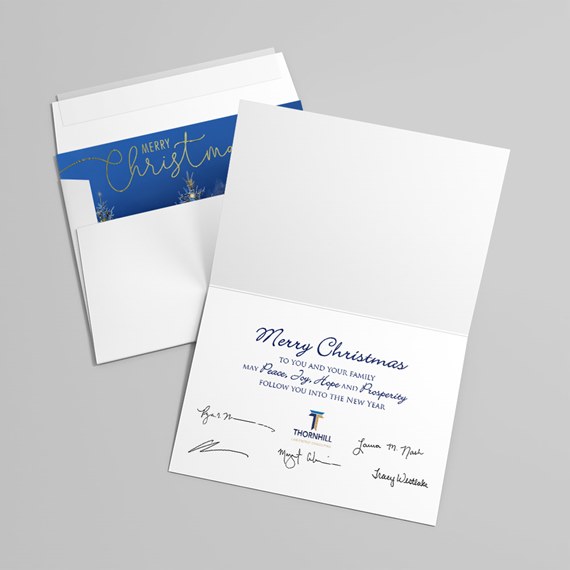 folded card with blue and gold Christmas design