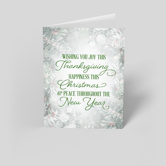 holiday greeting card with floral design and green text