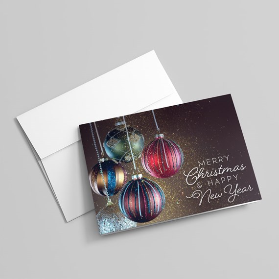 Christmas card with ornaments and customizable text area
