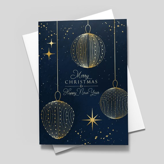 holiday card with ornaments and stars