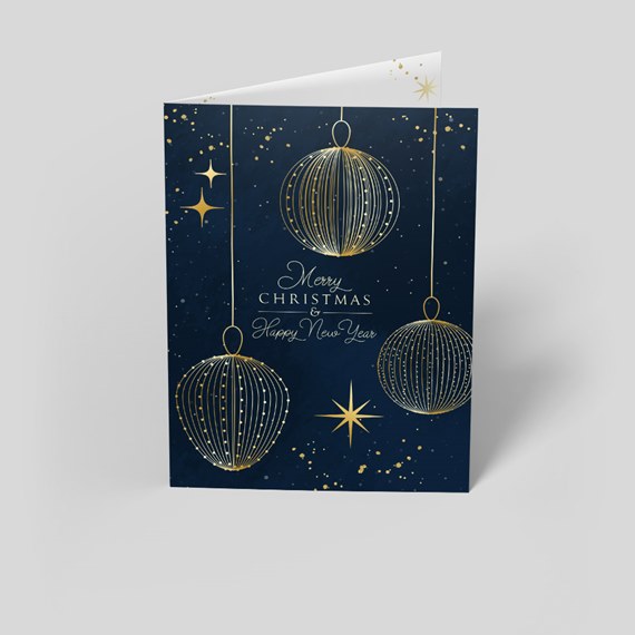 navy blue card with gold ornaments and stars
