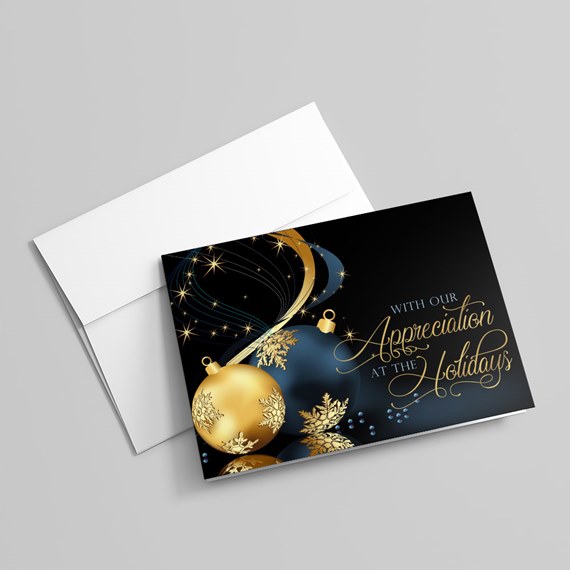 decorative holiday card with ornaments and text