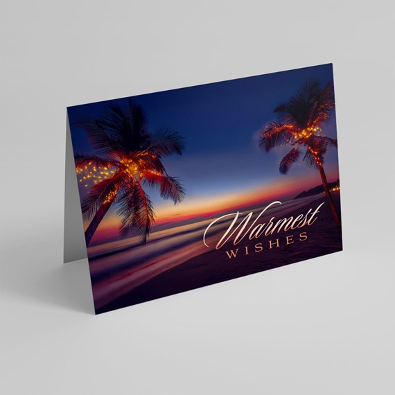 Folded beach greeting card with palm trees, string lights and 