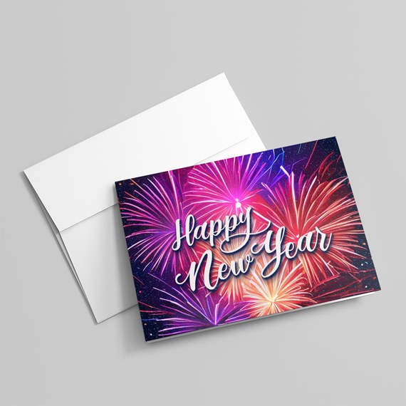 Happy New Year greeting card with fireworks design and envelope