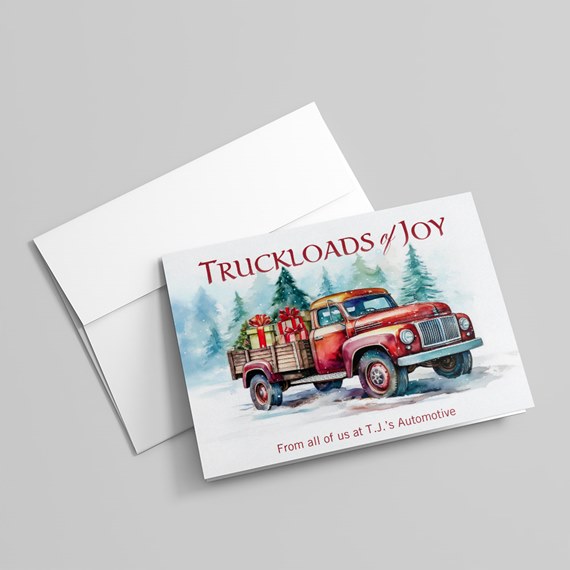 holiday greeting card with red vintage pickup truck carrying presents in a snowy pine forest watercolor illustration