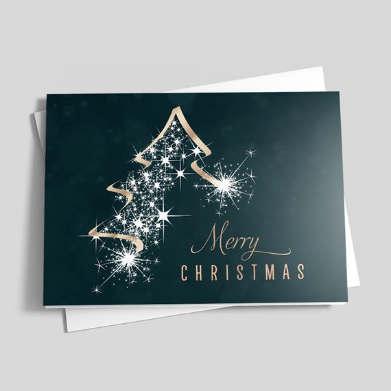 Dark green folded Christmas card with white starburst tree, gold ribbon outline and 