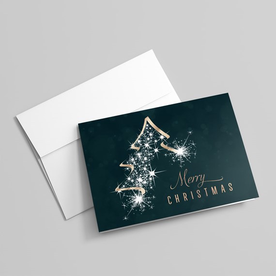 Folded Christmas card, dark teal background, gold ribbon tree with white sparkles and 