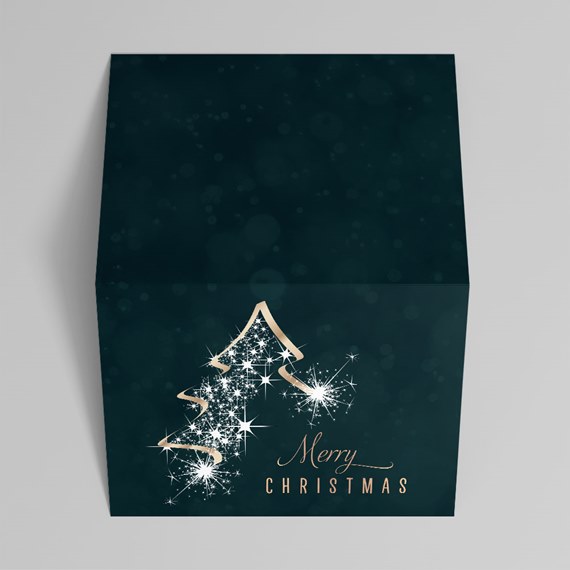 Dark teal holiday card with gold ribbon tree, white sparkles and 'Merry Christmas' text