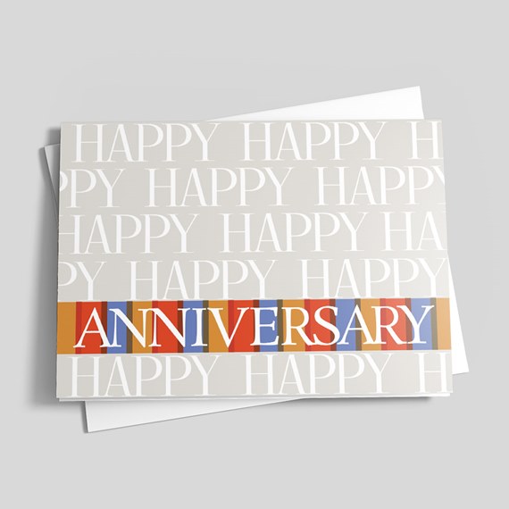 greeting card with repeated happy text and anniversary message