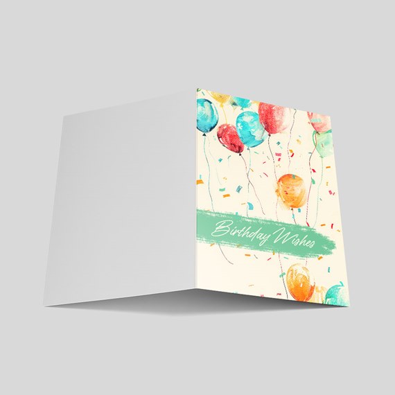 birthday card with balloons and confetti, customizable text area