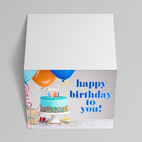 birthday cake design with balloons and text