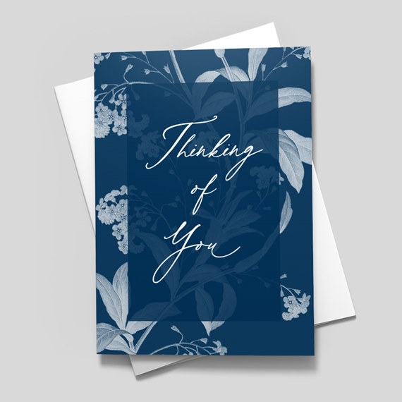 navy blue card with floral design and text 'Thinking of You'