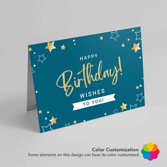 birthday card with teal background and gold stars, customizable text area