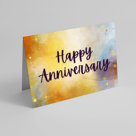 anniversary card with watercolor design and text