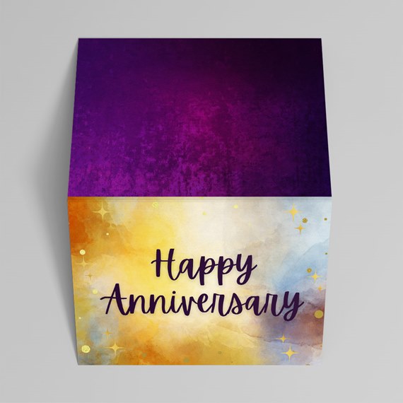 colorful anniversary box with purple top and watercolor design