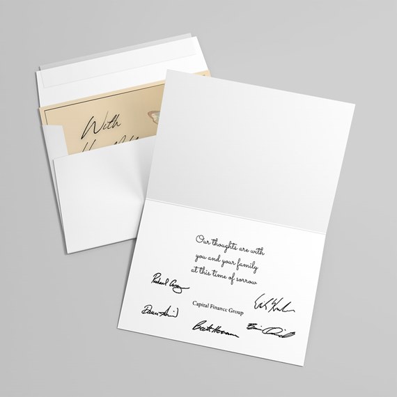 sympathy card with printed text and signatures